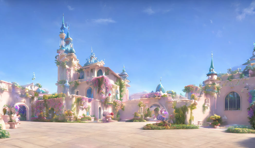 Fantasy castle with purple flowers and pink architecture in sunny setting