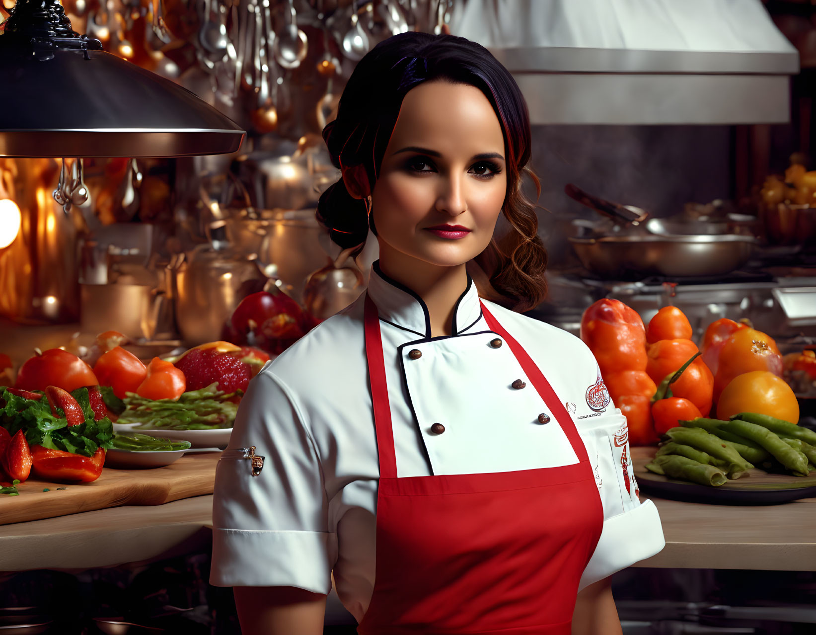 Chef in White Coat and Red Apron in Well-Stocked Kitchen