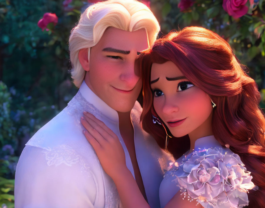 Animated couple embracing in white and floral outfits amid warm glow and roses