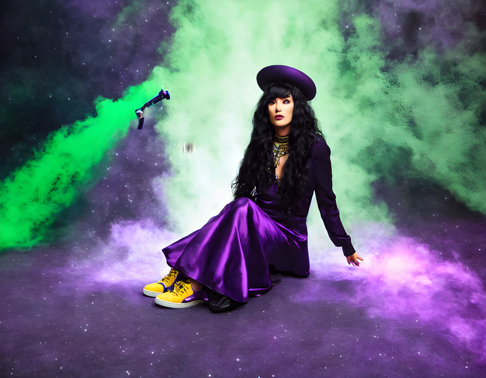 Woman in Purple Outfit with Yellow Shoes and Bowler Hat Surrounded by Colorful Smoke and Floating