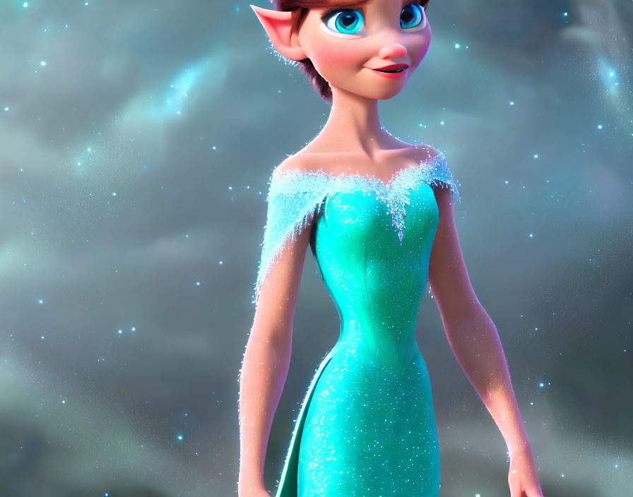 Animated female character in sparkly blue dress with large eyes on soft cloudy background