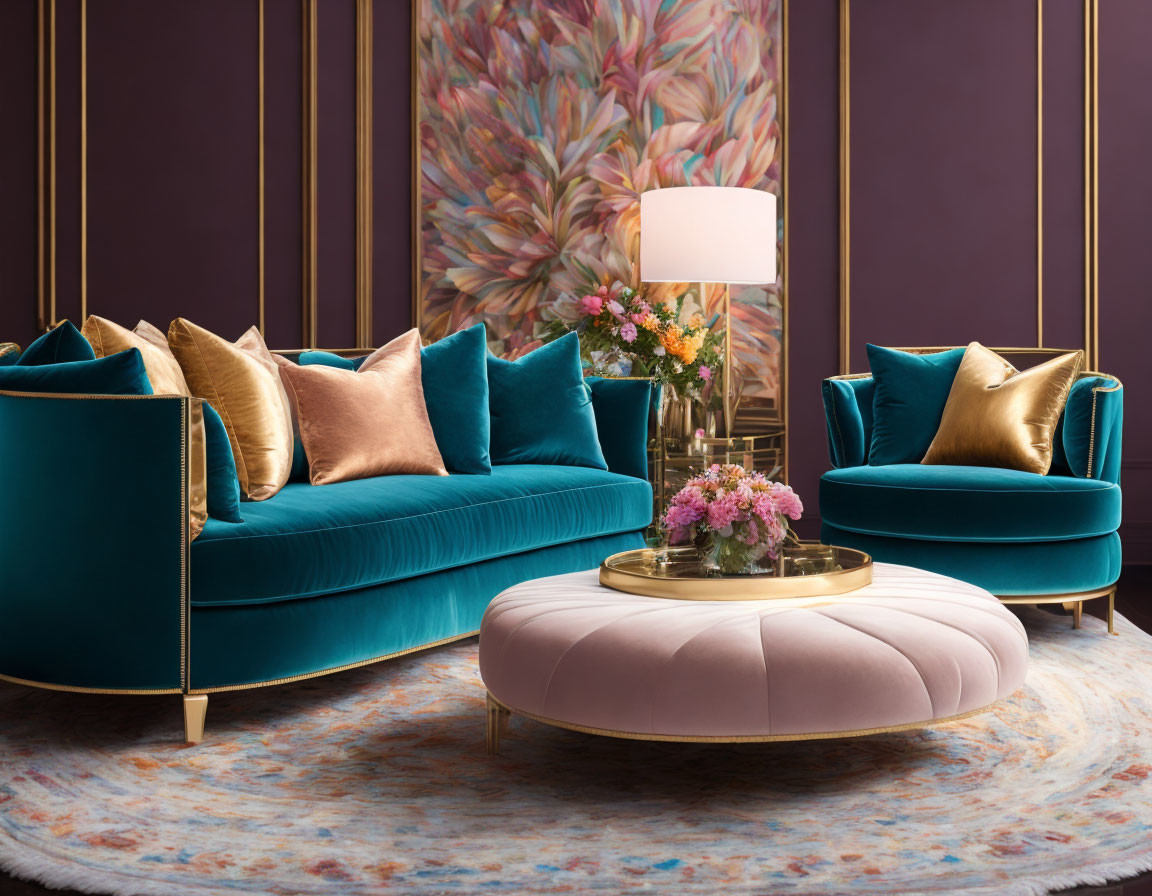 Elegant Living Room with Teal Velvet Sofas and Gold Accents