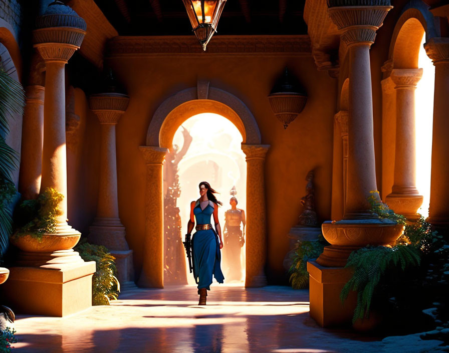 Sunlit Arched Corridor with Woman Silhouette and Ornate Decor