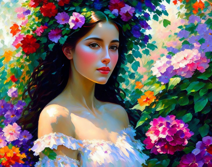 Portrait of Woman with Dark Hair Among Colorful Flowers