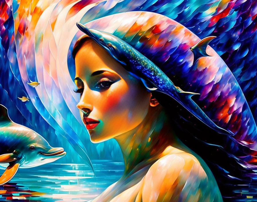 Colorful oceanic illustration with woman, fish, and dolphin in vibrant display