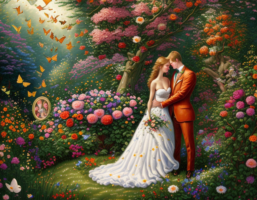 Wedding couple embraces in flower-filled garden with butterflies.