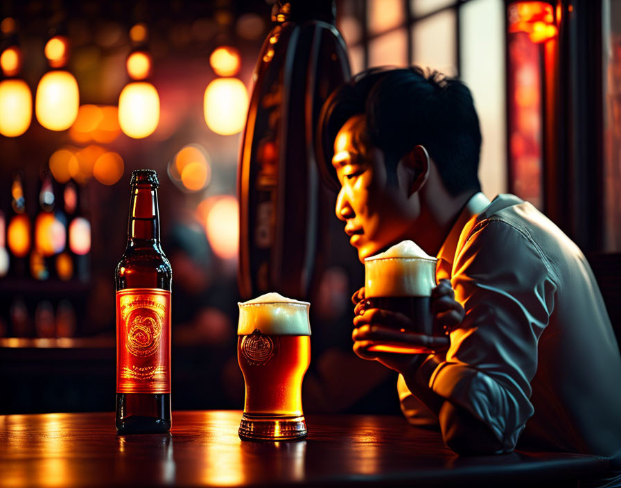 Person in dimly lit bar with beer mug, bottle, and glass on reflective surface