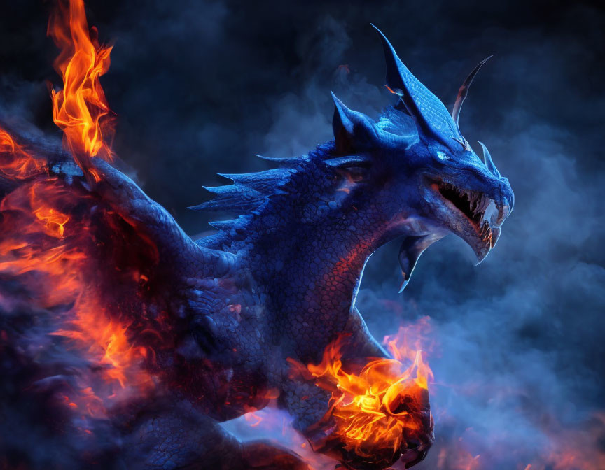 Blue dragon with sharp horns and glowing eyes in fiery surroundings