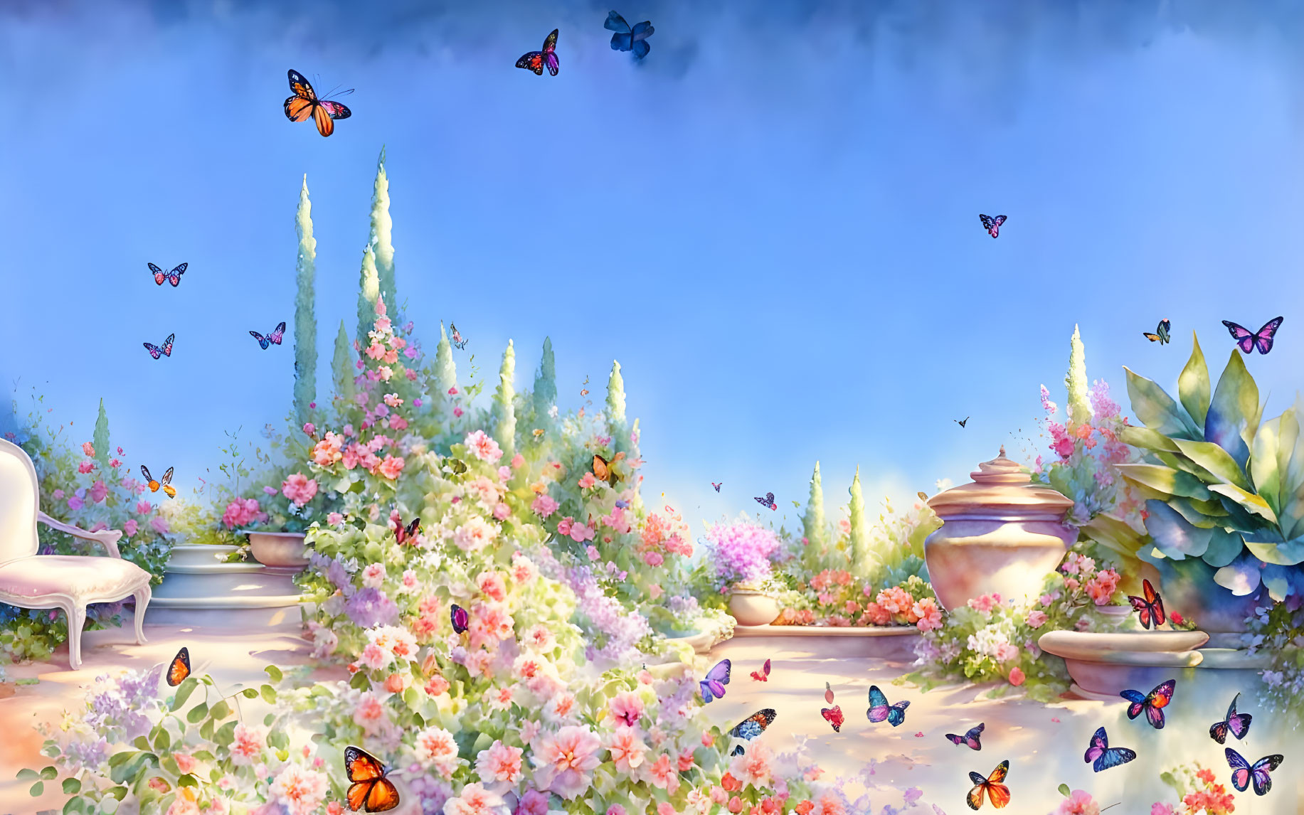 Tranquil garden scene with colorful flowers and butterflies