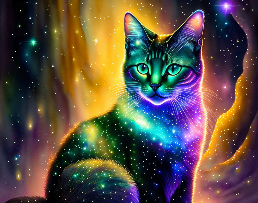 Colorful Cat Illustration with Cosmic Background and Neon Outlines