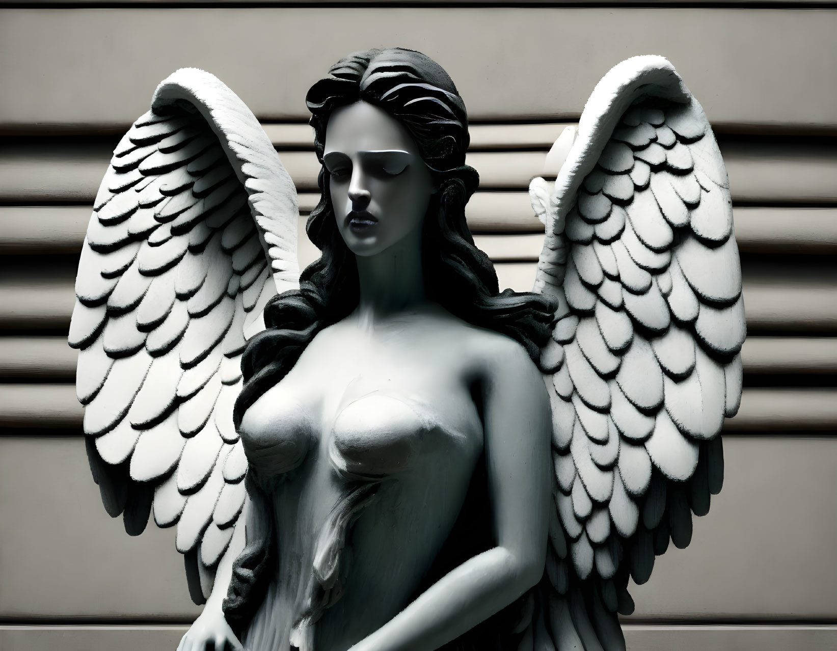 Detailed Angel Statue with Serene Expression and Elaborate Wings