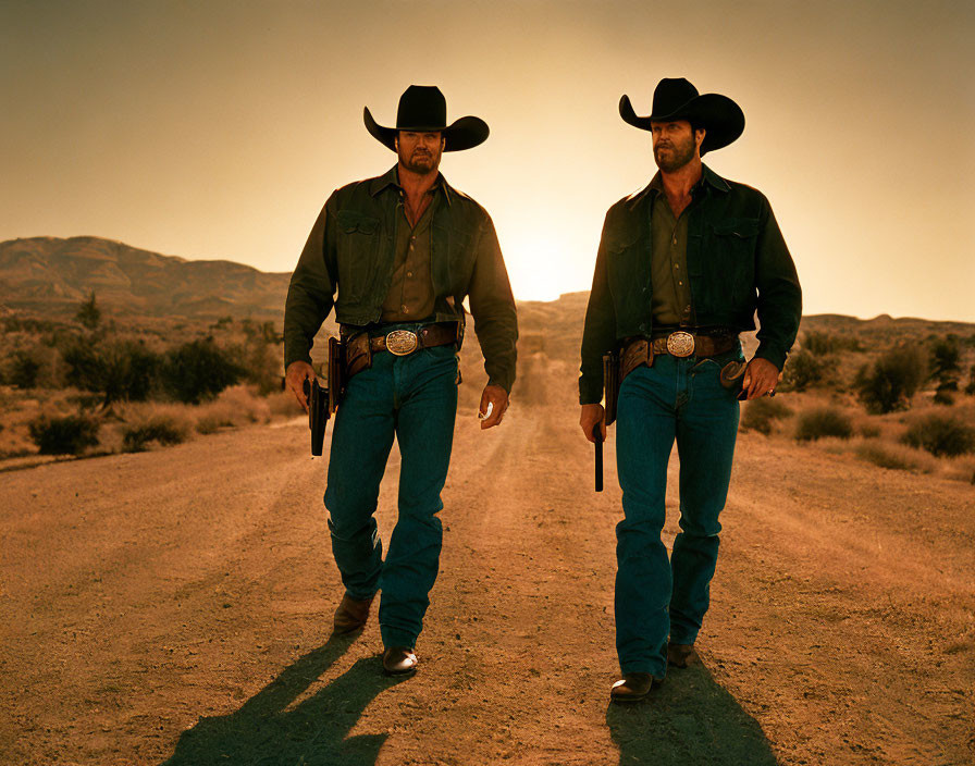 Cowboys in hats and boots walking on dusty road at sunset