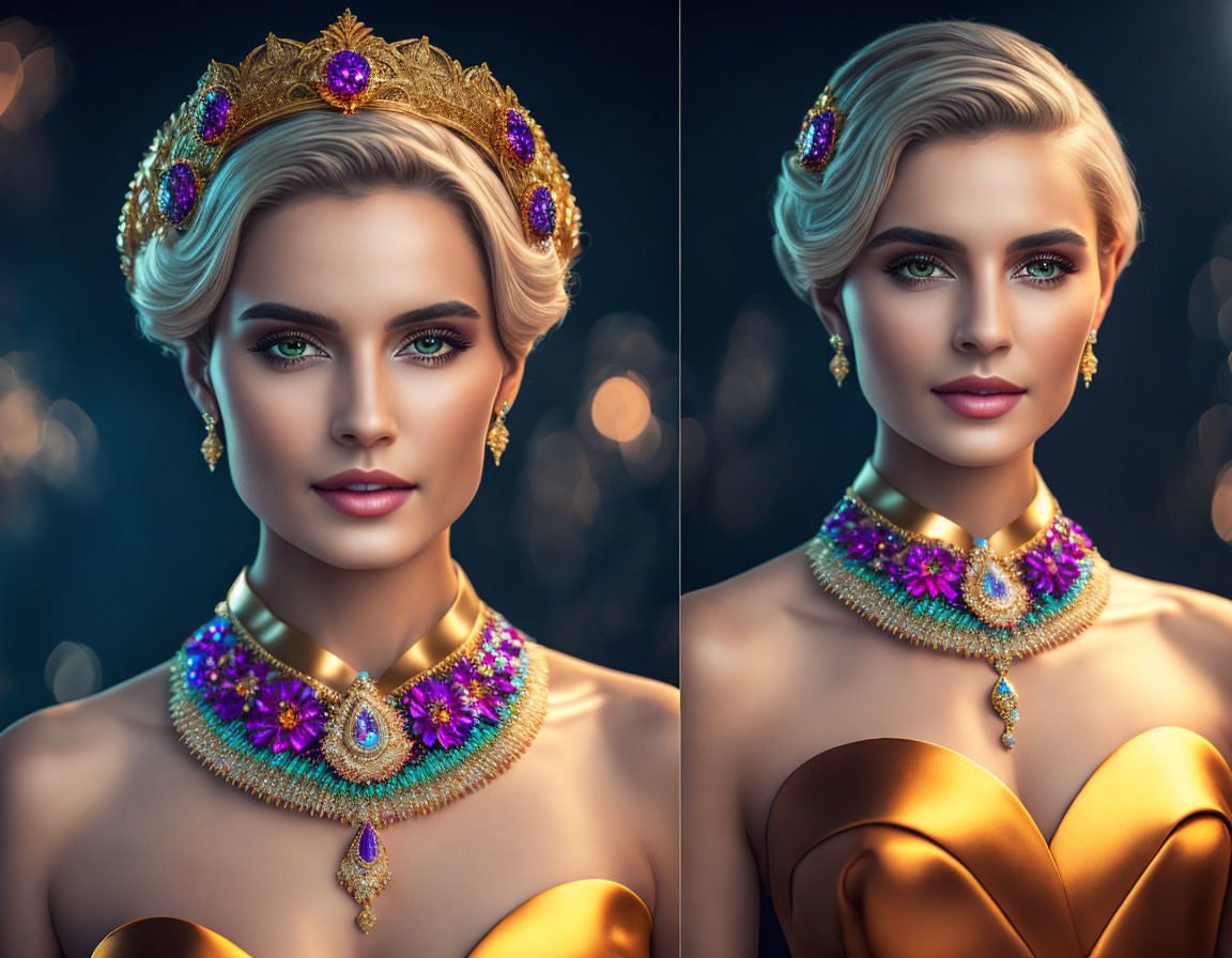 Stylized portrait of woman with golden crown, purple gem necklace, strong makeup, golden dress,