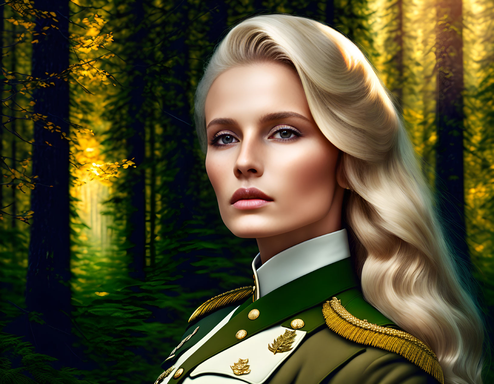 Blonde woman in military jacket against forest backdrop