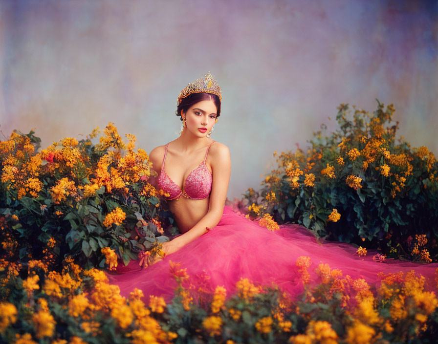 Woman in Pink Gown Surrounded by Yellow Flowers on Colorful Background