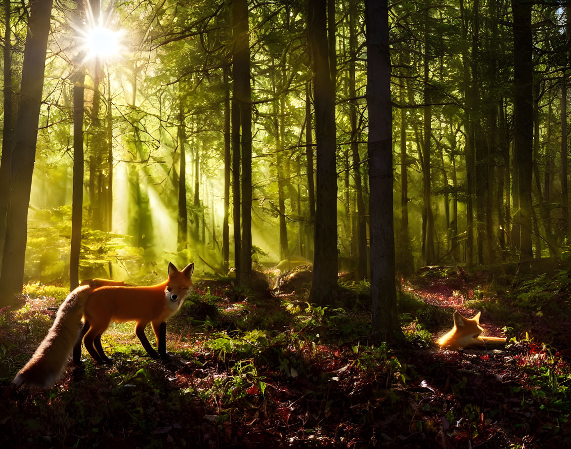 Sunlit Forest Scene: Foxes Among Verdant Undergrowth