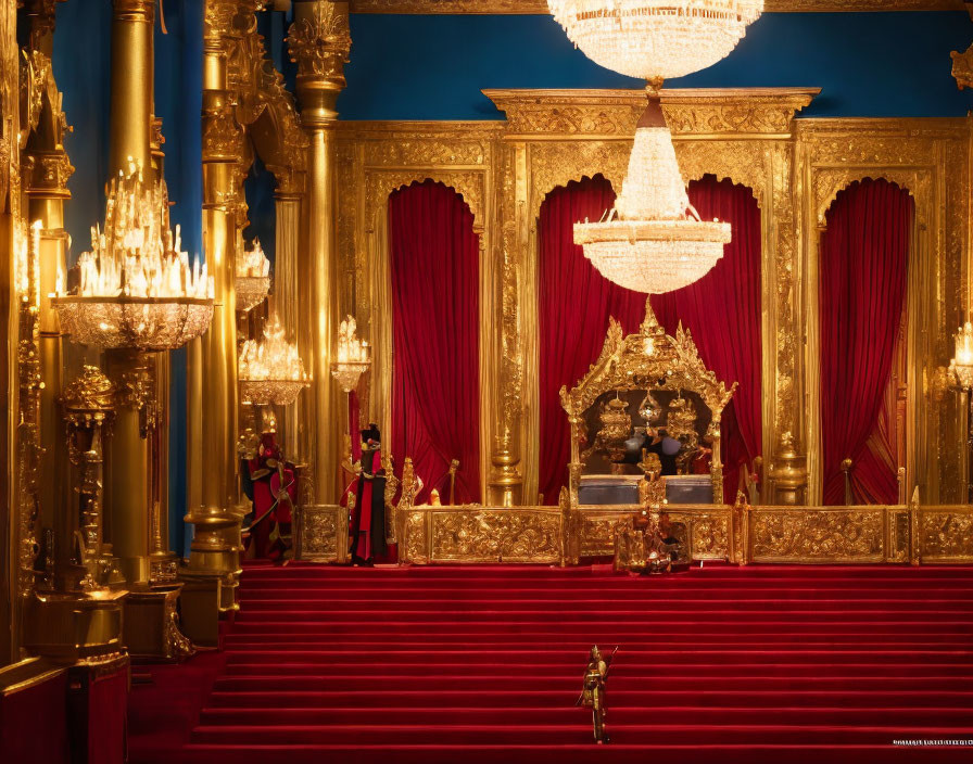 Luxurious Throne Room with Red Curtains, Golden Columns, Chandelier, and Regal Throne