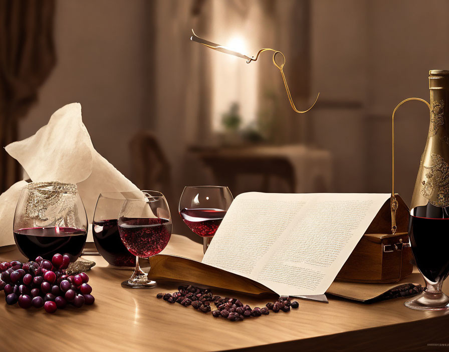 Still Life Scene with Open Book, Red Wine Glasses, Grapes, and Soft Light