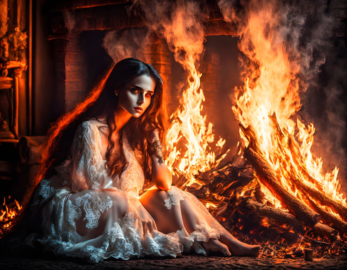 Woman in white dress by intense indoor fire