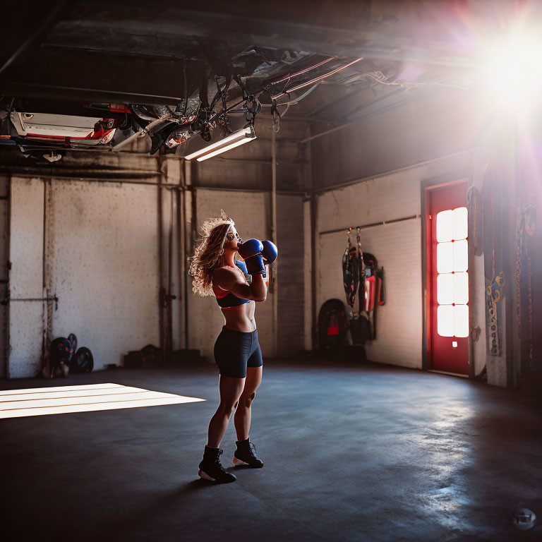 Fit woman boxing in blue gloves in sunlit gym