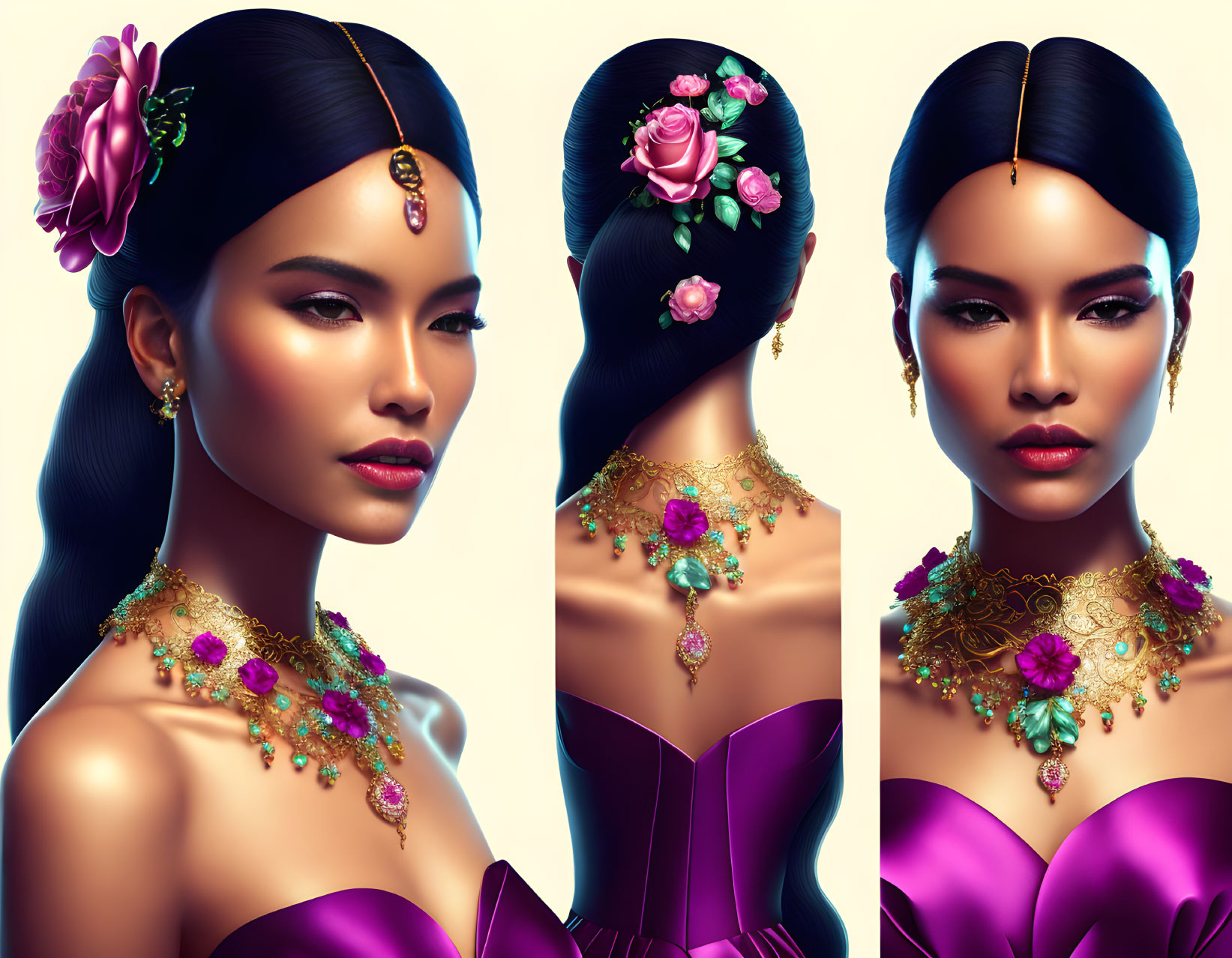 Woman in elegant makeup with rose-adorned hair, gold jewelry, and purple dress poses.