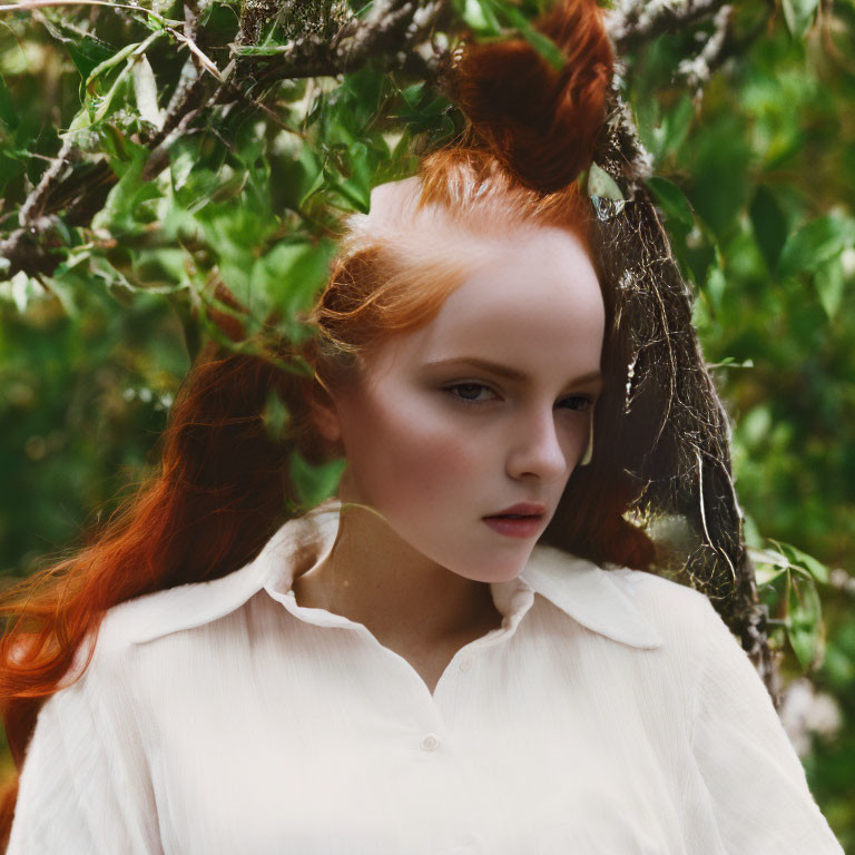 Striking red-haired person in white shirt framed by green foliage