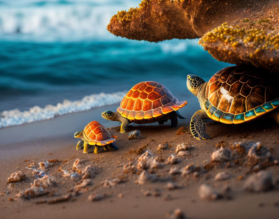 Three sea turtles on sandy beach with ocean and moss-covered rock.