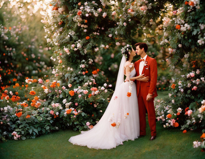 Bride and Groom Embrace in Colorful Garden