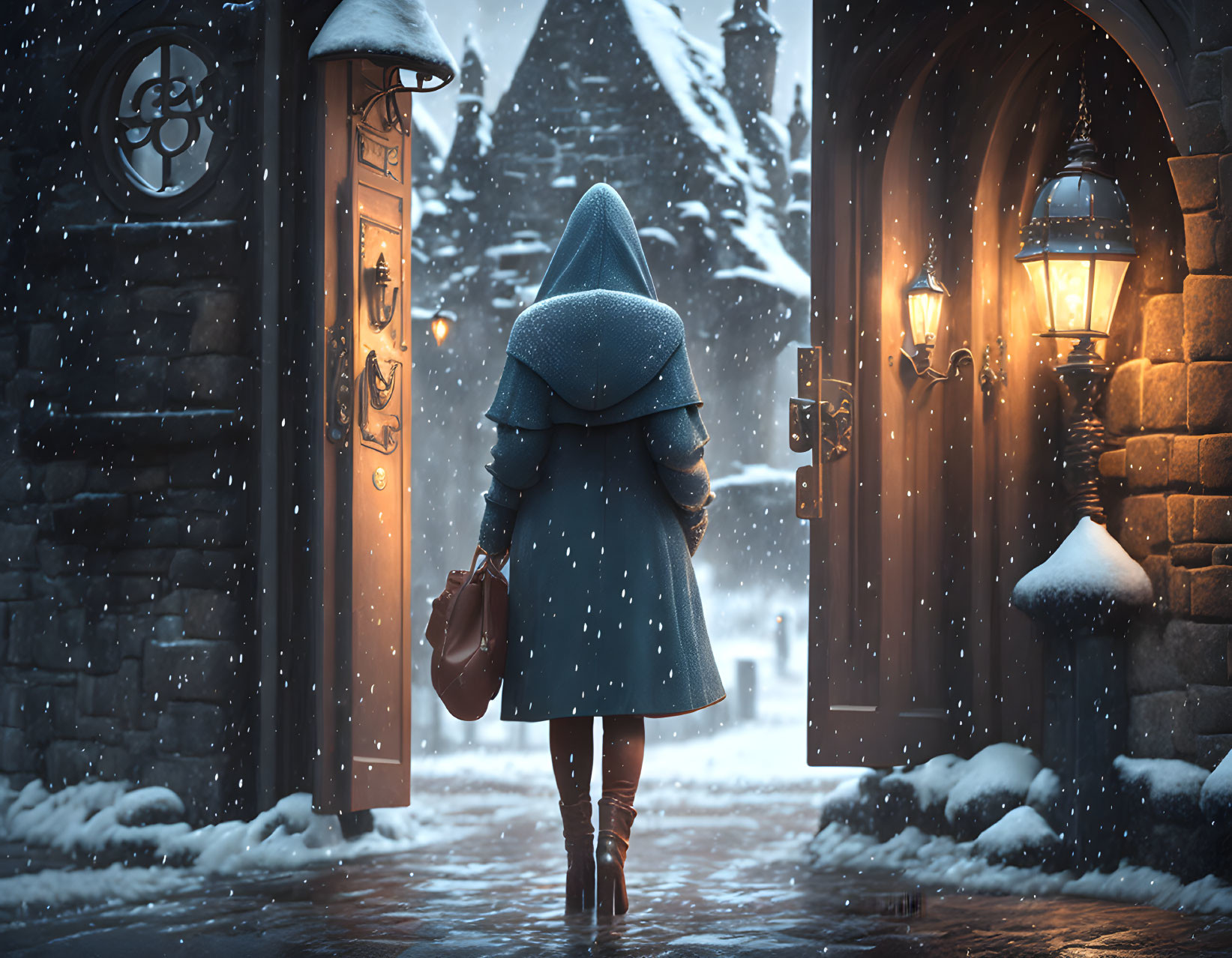 Person in Blue Coat Holding Bag in Snowy Scene with Lanterns and Doorway