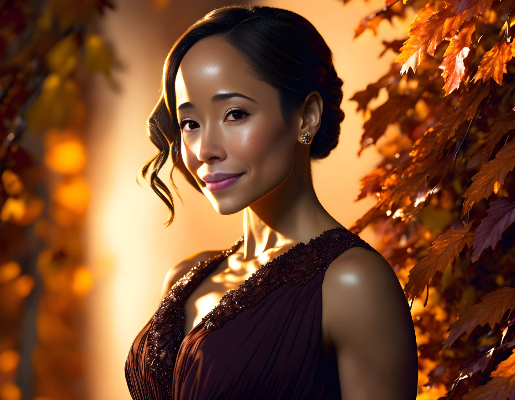 Woman in Elegant Dress Smiling Among Autumn Leaves