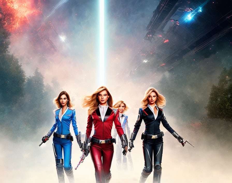 Four Women in Superhero Costumes Posed with Cosmic Backdrop