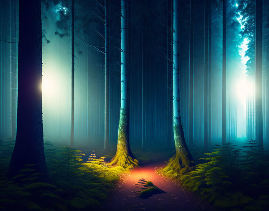 Mystical forest scene with tall trees and bright light