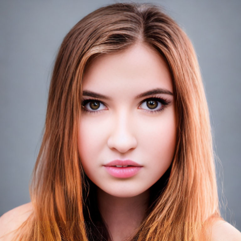 Portrait of Woman with Auburn Hair and Dark Eyes on Grey Background