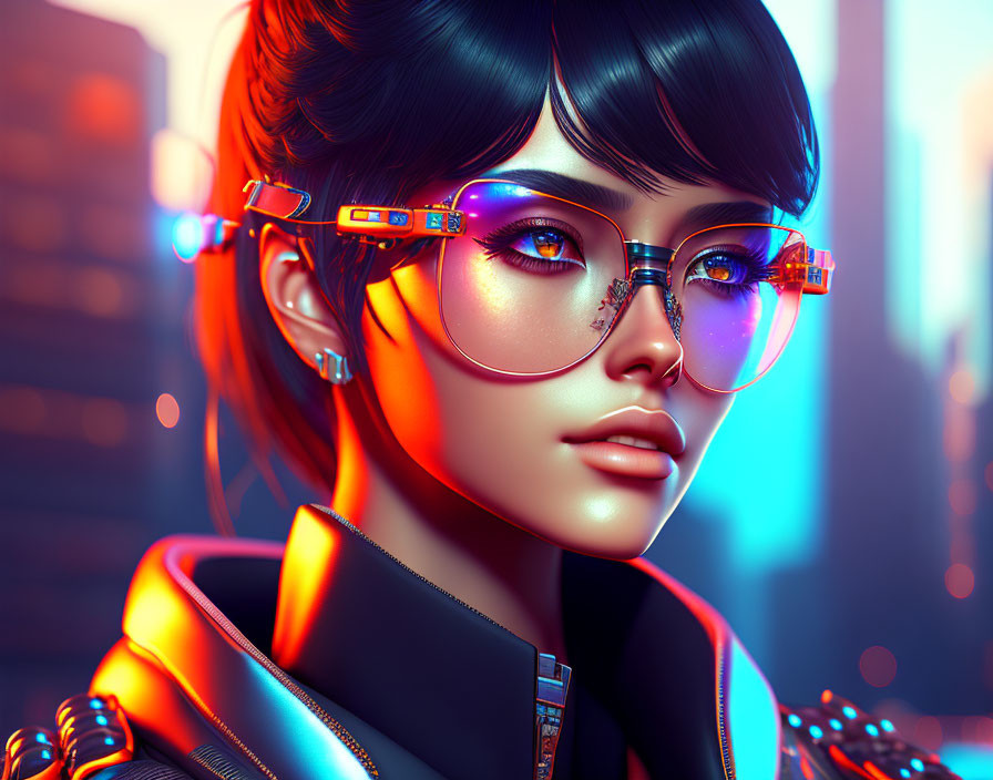 Futuristic digital artwork: Woman in high-tech glasses against cityscape