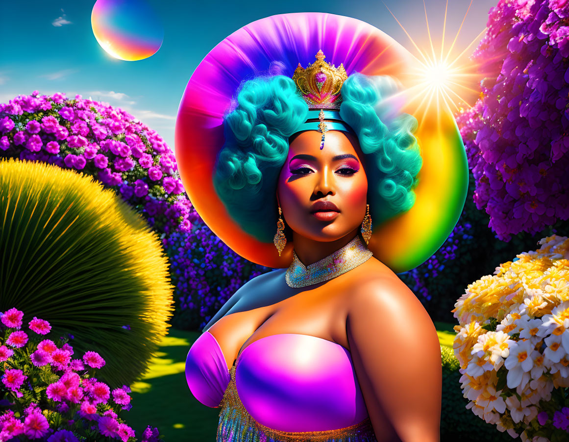 Colorful digital artwork of stylized woman with blue hair and elaborate headdress in vibrant floral landscape.
