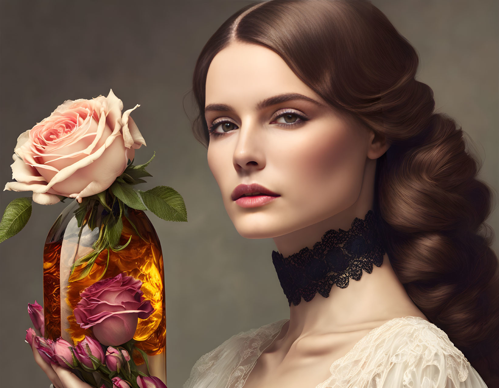 Woman with braided updo and black lace choker holding vase of roses exudes vintage elegance