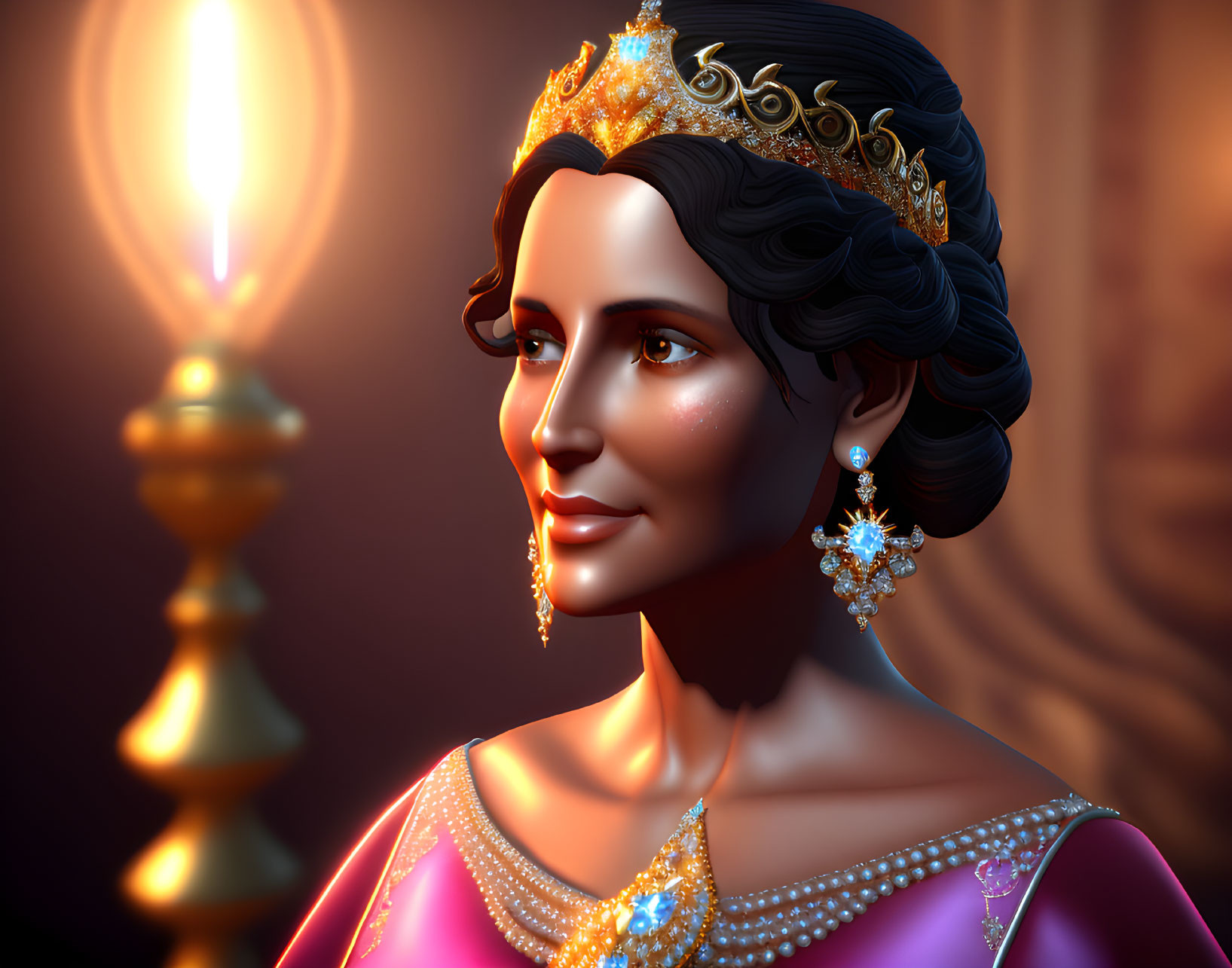 Regal woman in crown and earrings under candlelight