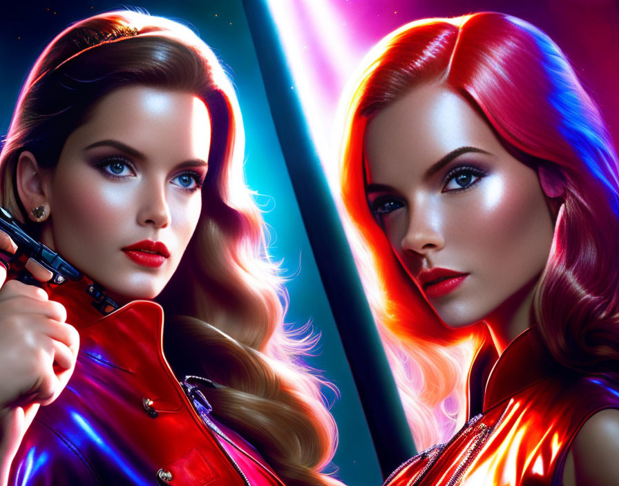 Symmetrical dual portrait in blue and red lighting with flowing hair