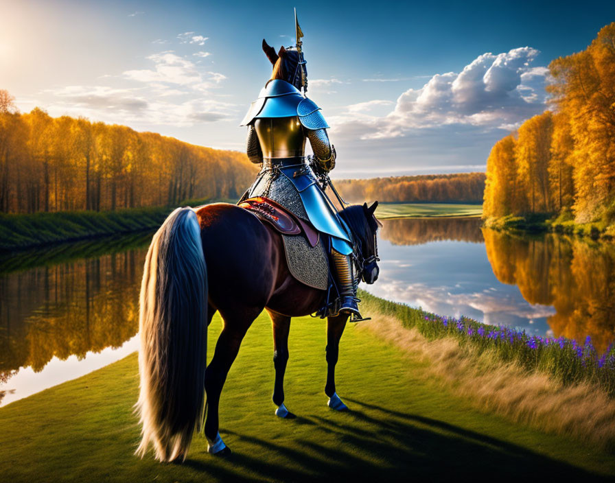 Knight on Horseback by Calm River with Autumn Trees at Golden Hour