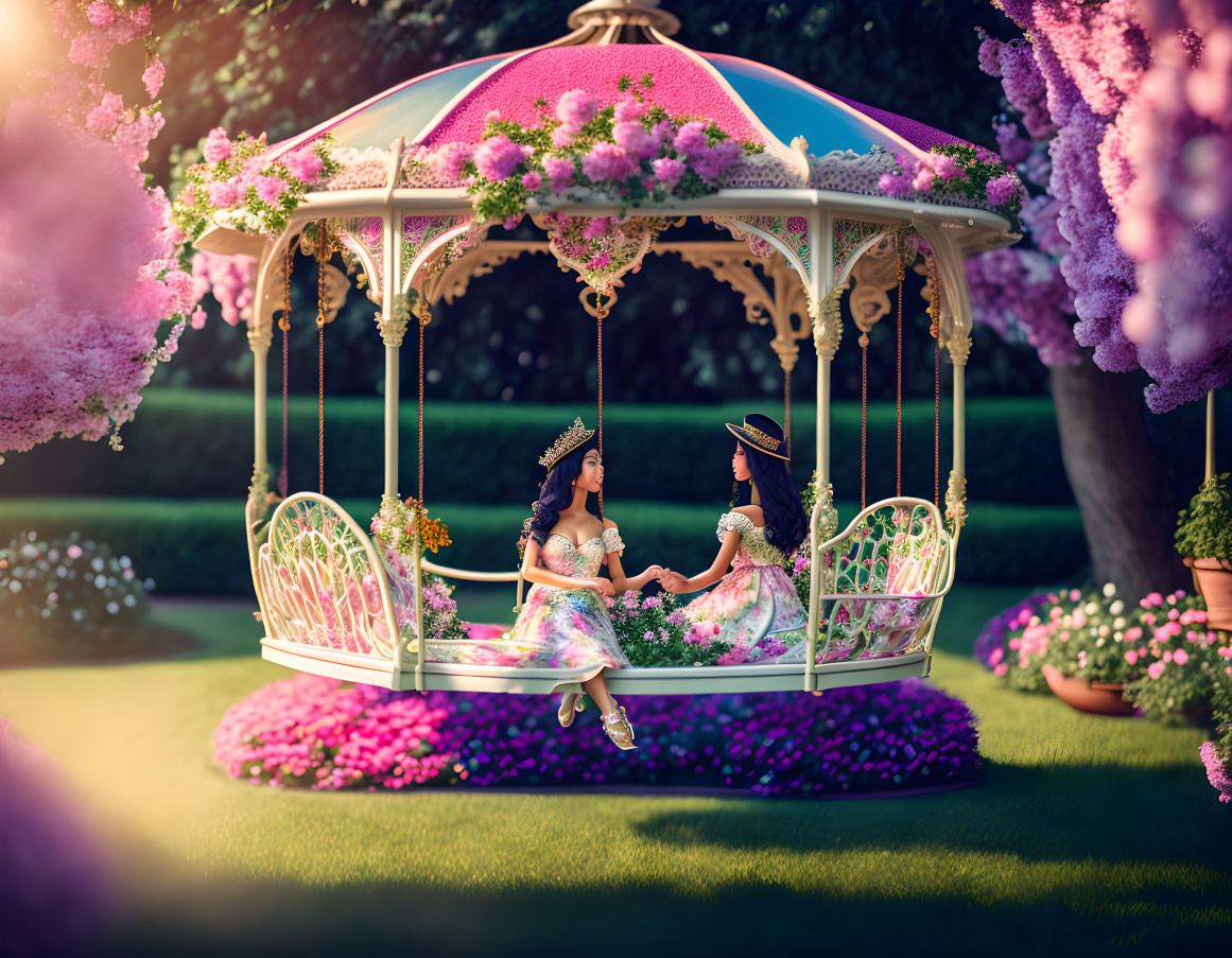 Children in fancy dresses playing in whimsical garden gazebo surrounded by lush flowers.