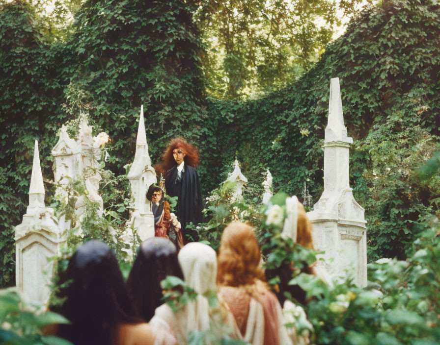 Mystical forest scene with elaborate stone structures