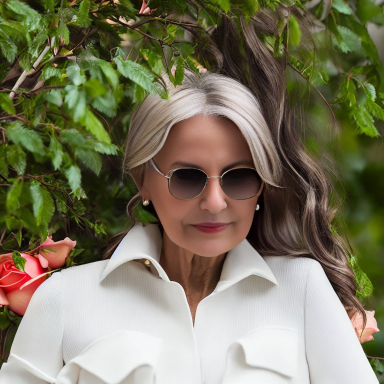 Gray-Haired Woman in Sunglasses and White Blouse Posing in Front of Green Foliage