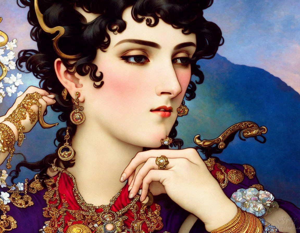 Portrait of a Woman with Pale Skin and Dark Hair in Ornate Jewelry