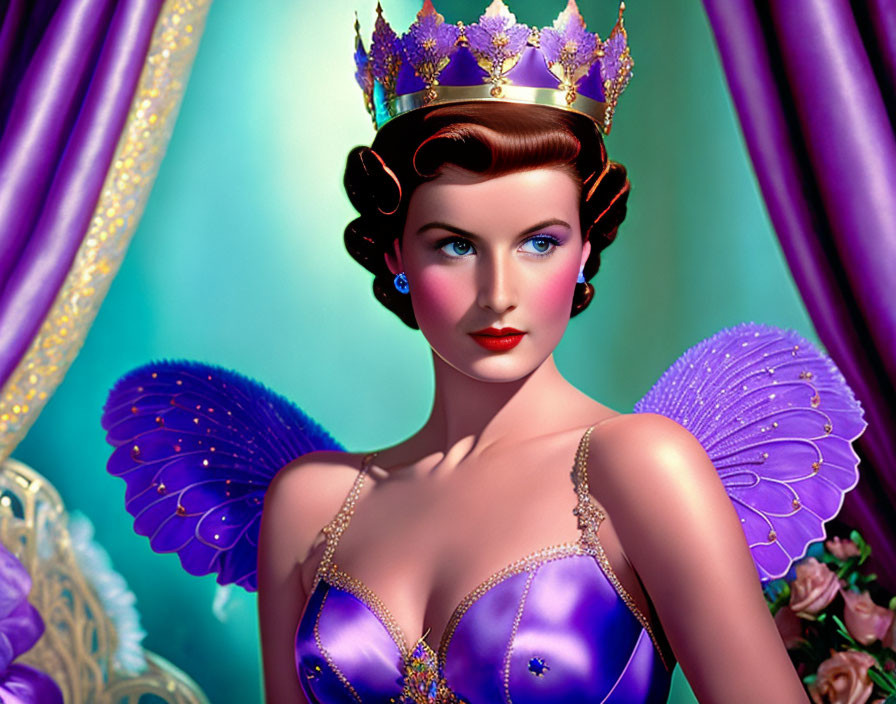 Stylized Woman with Crown and Butterfly Wings in Vibrant Purple Tones