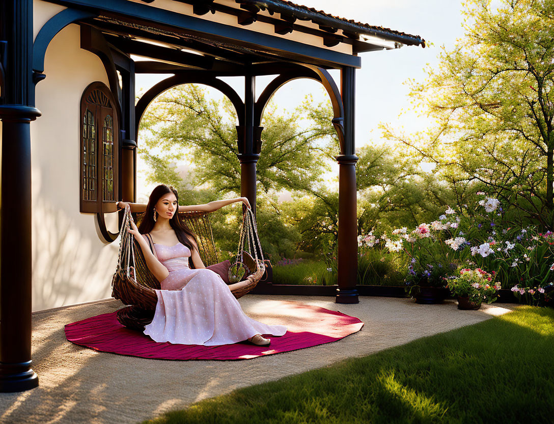 Woman in White Dress Relaxing on Swing in Garden at Sunset