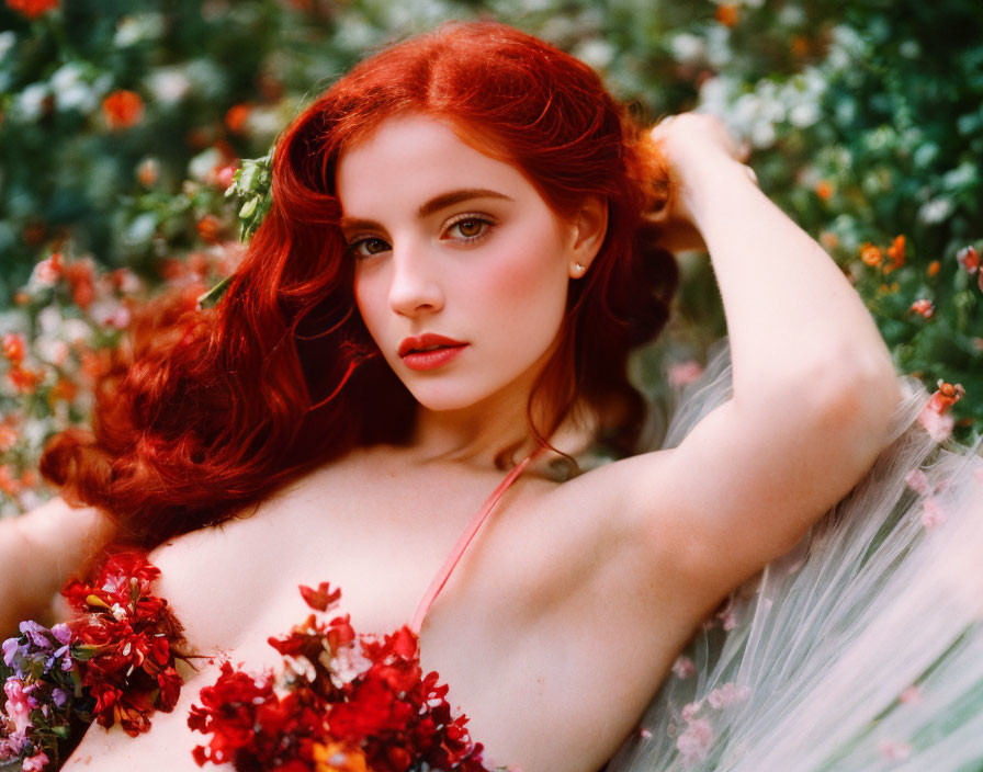 Vibrant red-haired woman with striking makeup among colorful flowers