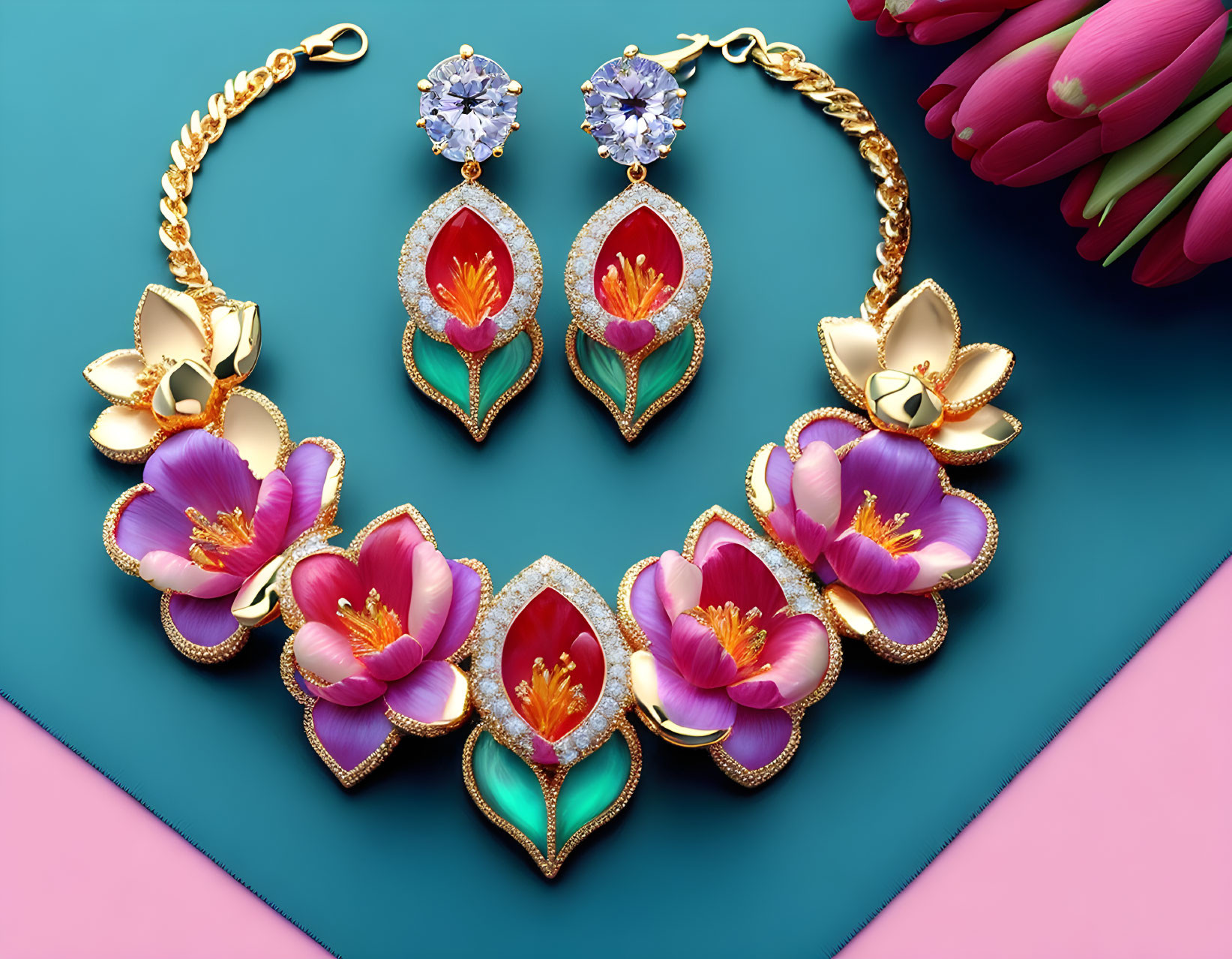 Floral-themed jewelry set with gold, diamonds, enamel on teal background