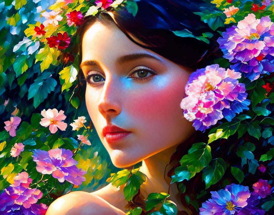 Portrait of Woman with Dark Hair Among Colorful Flowers and Sunlight