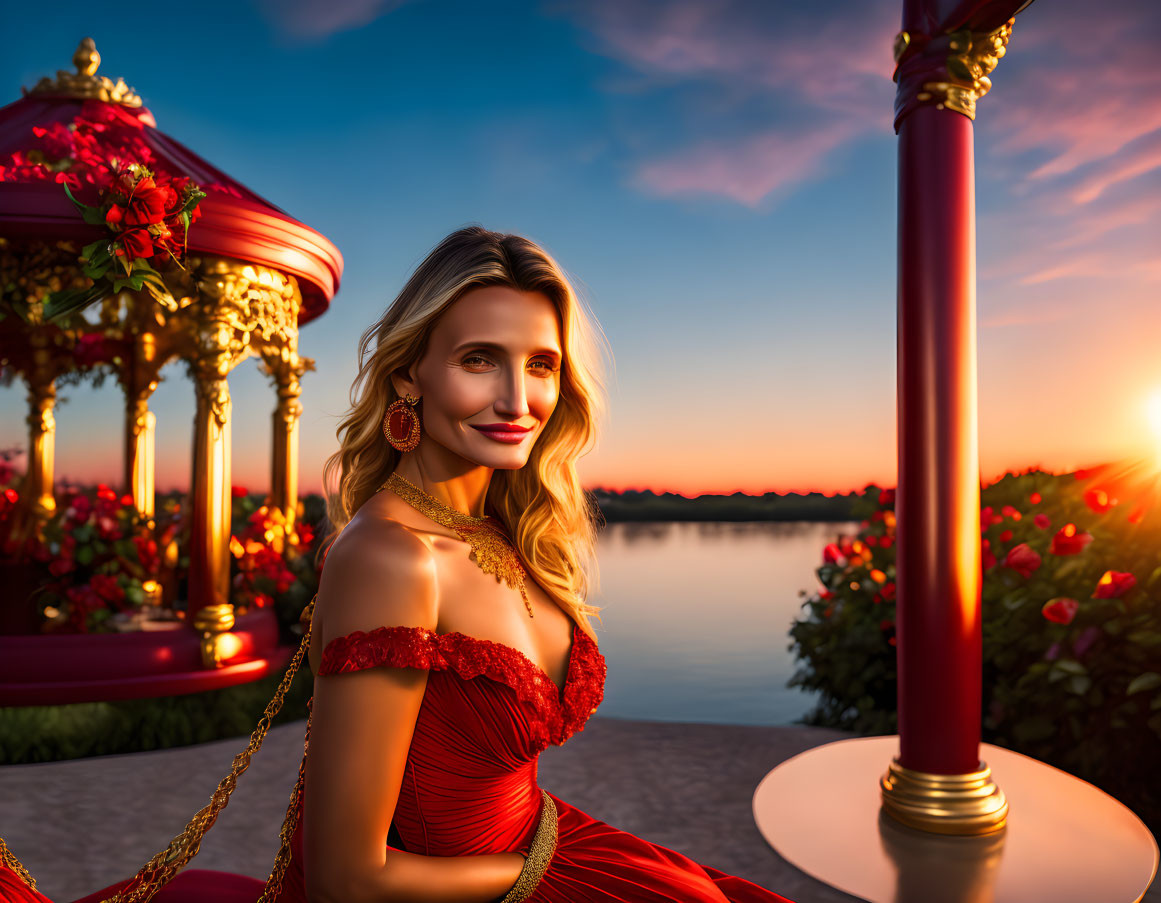 Woman in Red Dress Sitting by Lakeside at Sunset with Rose-Adorned Gazebo