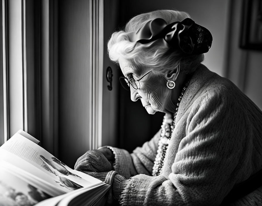 Elderly woman reading book in natural light